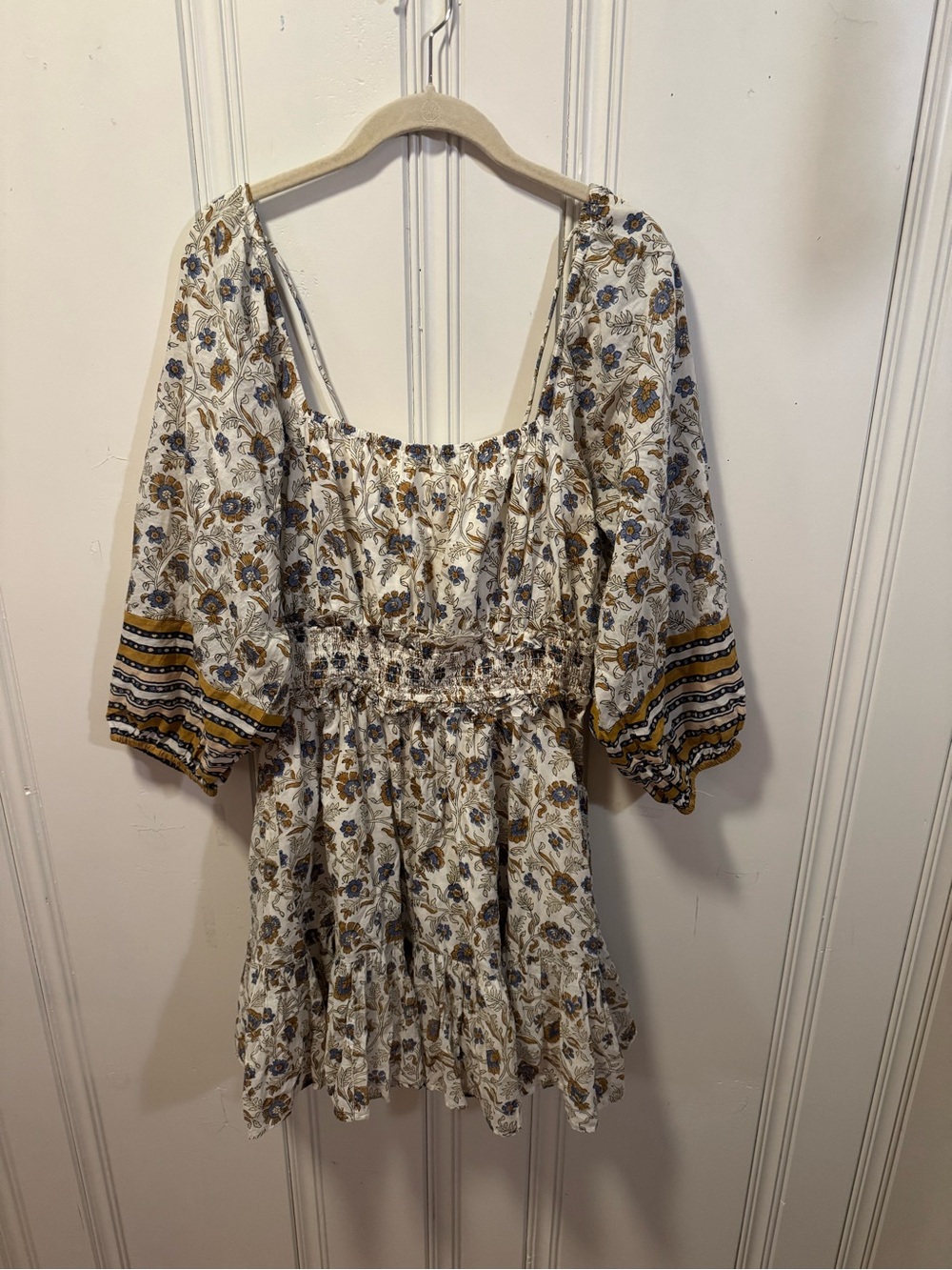 Cleobella Cream Floral Smocked Mini Dress with Mustard Trim